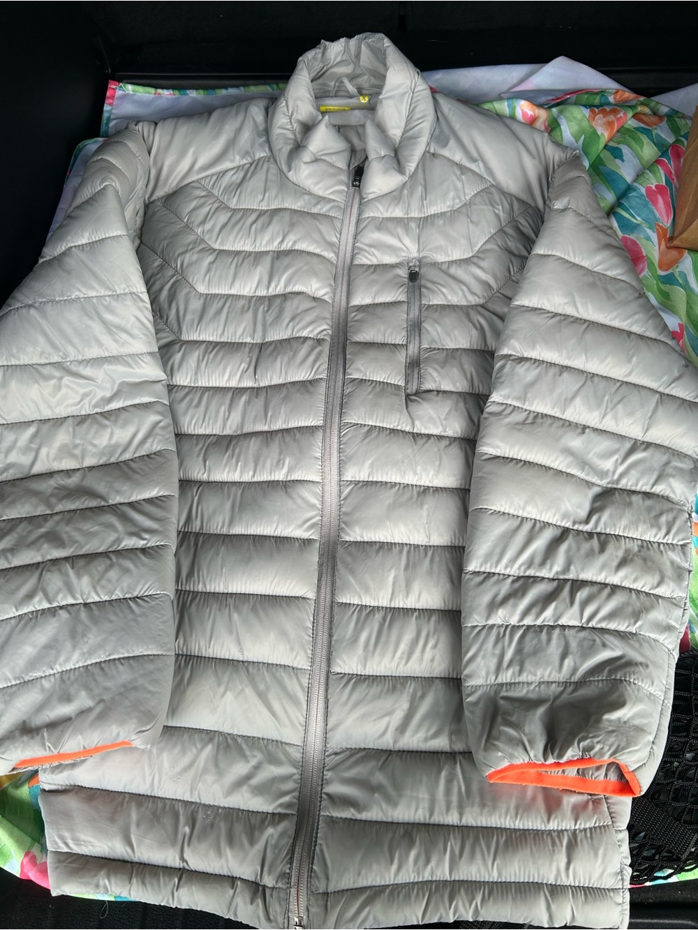 Xersion Light Gray Quilted Packable Puffer Jacket with Orange Trim